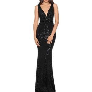 XScape Black Sequin Drape Back Dress